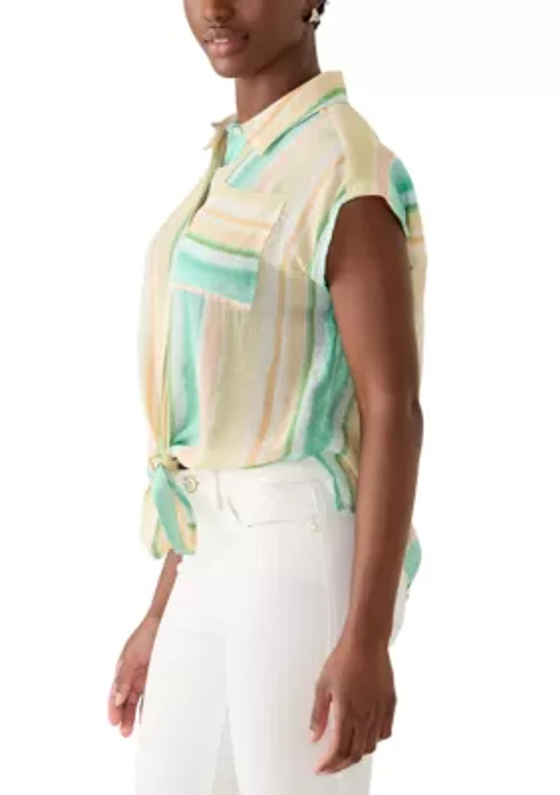 Petite Short Sleeve Button Down Tie Front Top