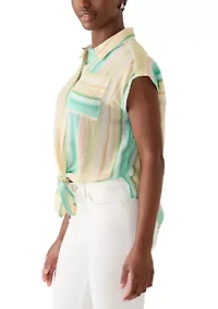Petite Short Sleeve Button Down Tie Front Top