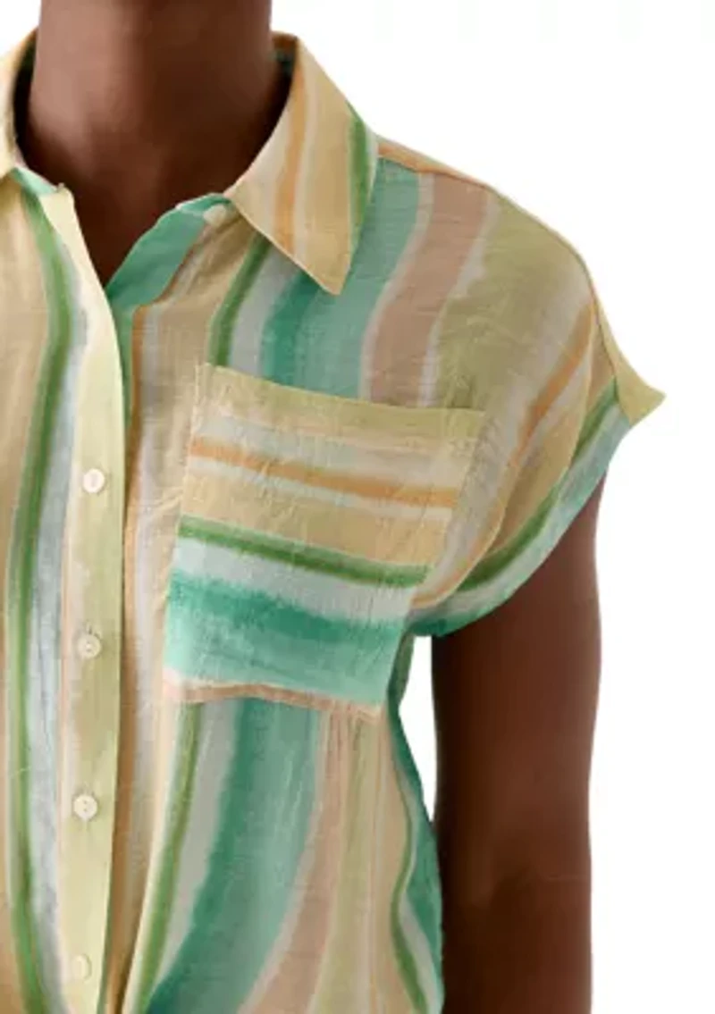 Petite Short Sleeve Button Down Tie Front Top