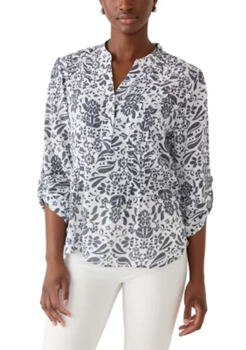 Petite Three-Quarter Sleeve Pleated Henley Top