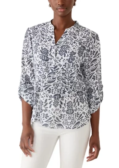 Petite Three-Quarter Sleeve Pleated Henley Top