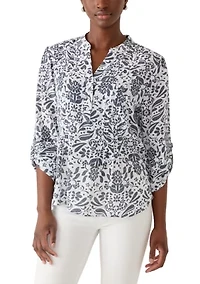 Petite Three-Quarter Sleeve Pleated Henley Top