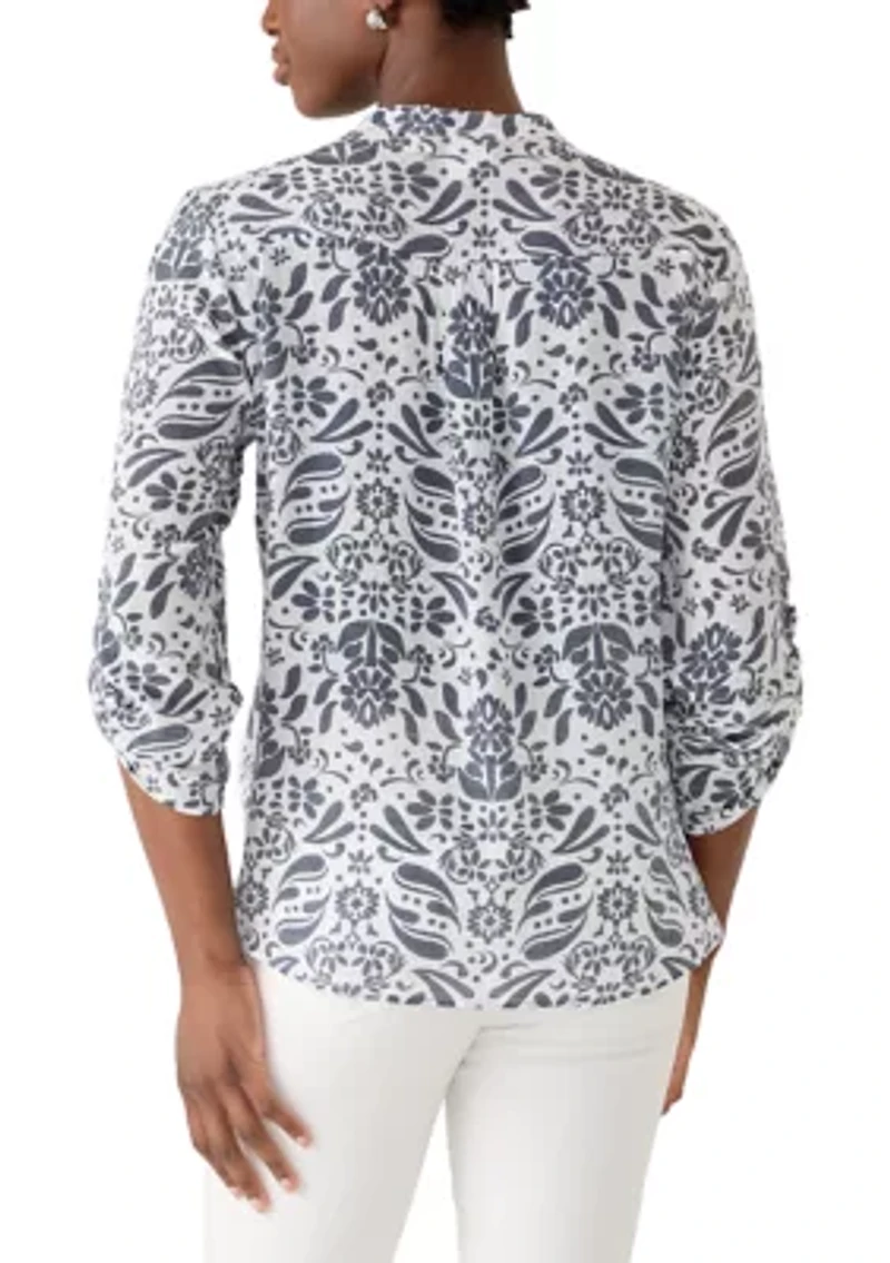 Petite Three-Quarter Sleeve Pleated Henley Top