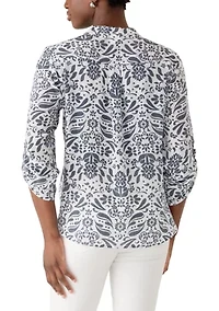 Petite Three-Quarter Sleeve Pleated Henley Top