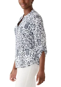 Petite Three-Quarter Sleeve Pleated Henley Top