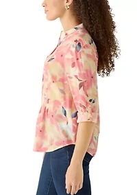 Petite 3/4 Sleeve Pintuck Floral Top