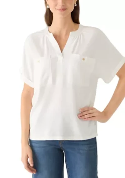 Petite Short Sleeve V-Neck Linen Top