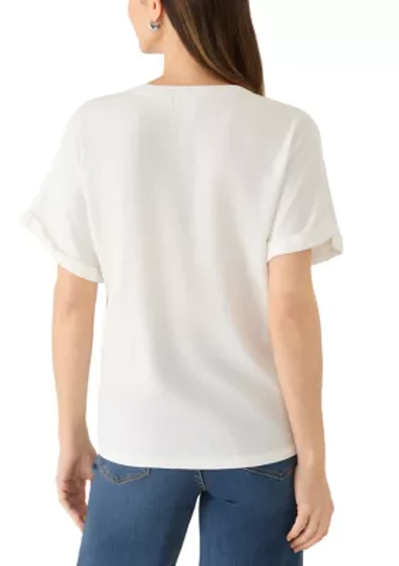 Petite Short Sleeve V-Neck Linen Top