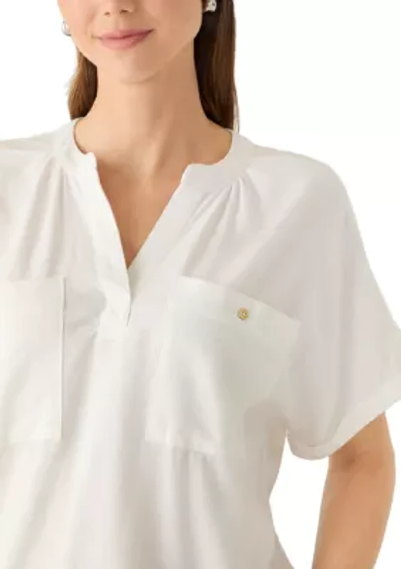 Petite Short Sleeve V-Neck Linen Top