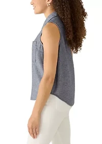 Petite Sleeveless Button Down Linen Top
