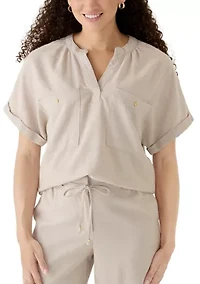 Petite Short Sleeve V-Neck Linen Top