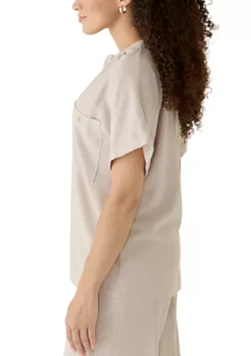 Petite Short Sleeve V-Neck Linen Top