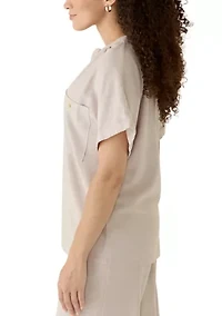 Petite Short Sleeve V-Neck Linen Top