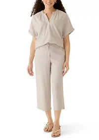 Petite Short Sleeve V-Neck Linen Top