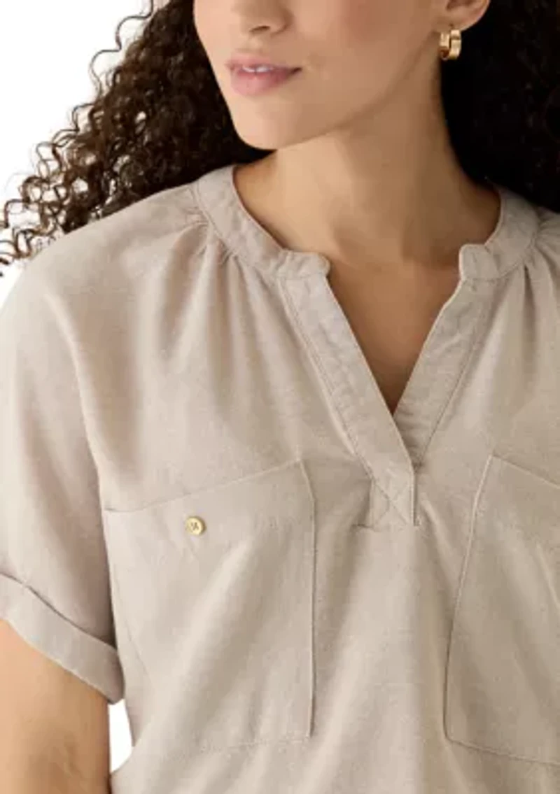 Petite Short Sleeve V-Neck Linen Top