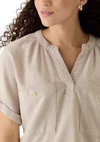 Petite Short Sleeve V-Neck Linen Top