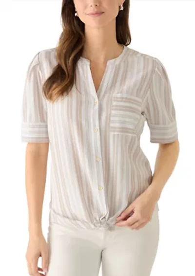 Petite Elbow Sleeve Button Down Tie Front Linen Top