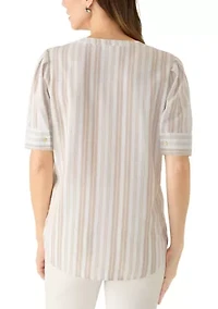 Petite Elbow Sleeve Button Down Tie Front Linen Top