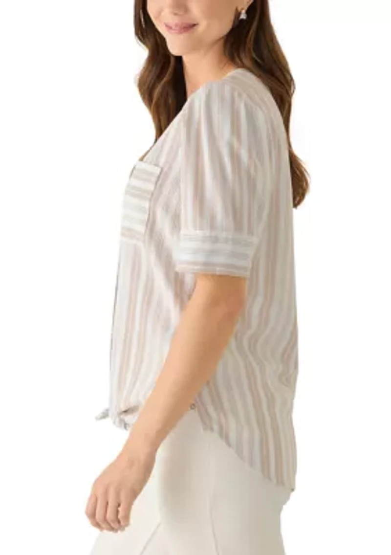 Petite Elbow Sleeve Button Down Tie Front Linen Top