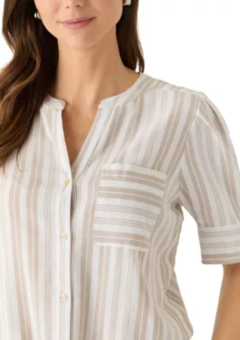 Petite Elbow Sleeve Button Down Tie Front Linen Top