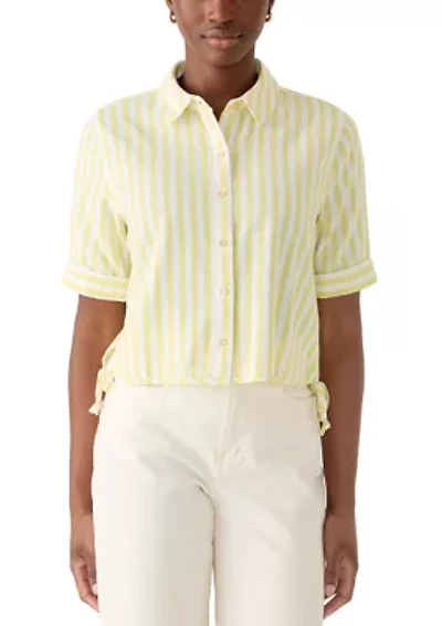 Petite Short Sleeve Button Down Linen Top