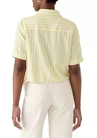 Petite Short Sleeve Button Down Linen Top