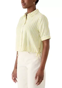Petite Short Sleeve Button Down Linen Top