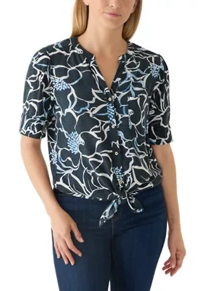 Petite Elbow Sleeve Button Down Tie Front Linen Top