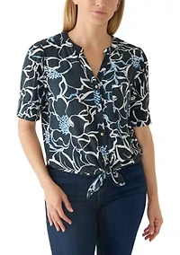 Petite Elbow Sleeve Button Down Tie Front Linen Top