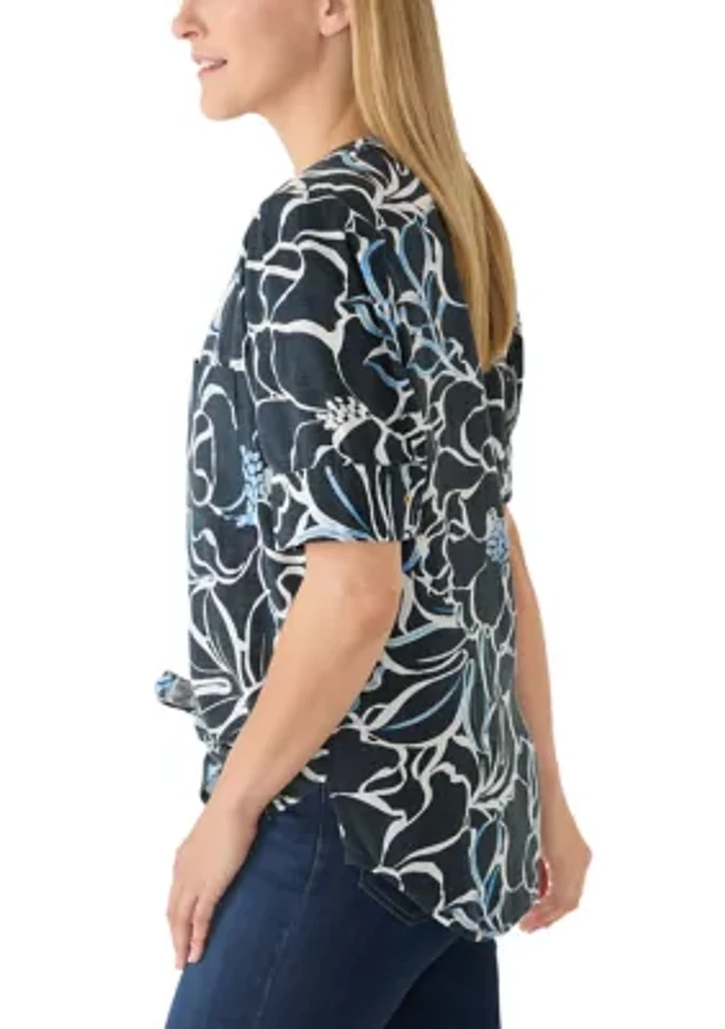 Petite Elbow Sleeve Button Down Tie Front Linen Top