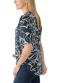 Petite Elbow Sleeve Button Down Tie Front Linen Top