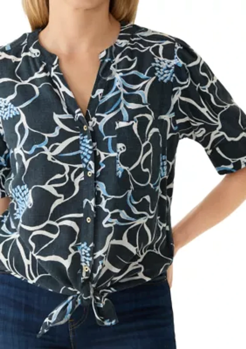 Petite Elbow Sleeve Button Down Tie Front Linen Top