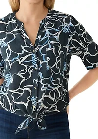 Petite Elbow Sleeve Button Down Tie Front Linen Top
