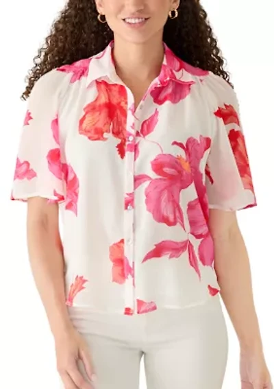 Petite Short Sleeve Button Front Printed Chiffon Top