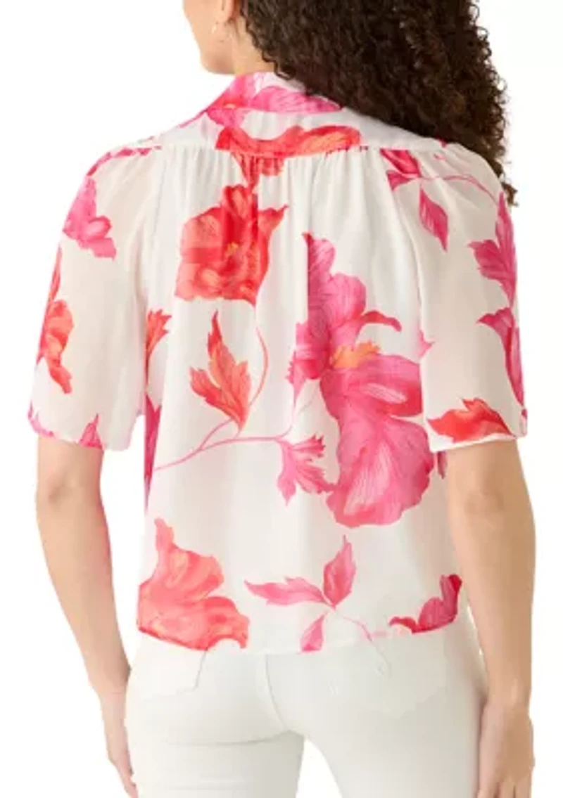 Petite Short Sleeve Button Front Printed Chiffon Top