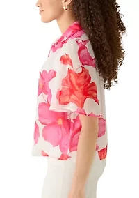 Petite Short Sleeve Button Front Printed Chiffon Top