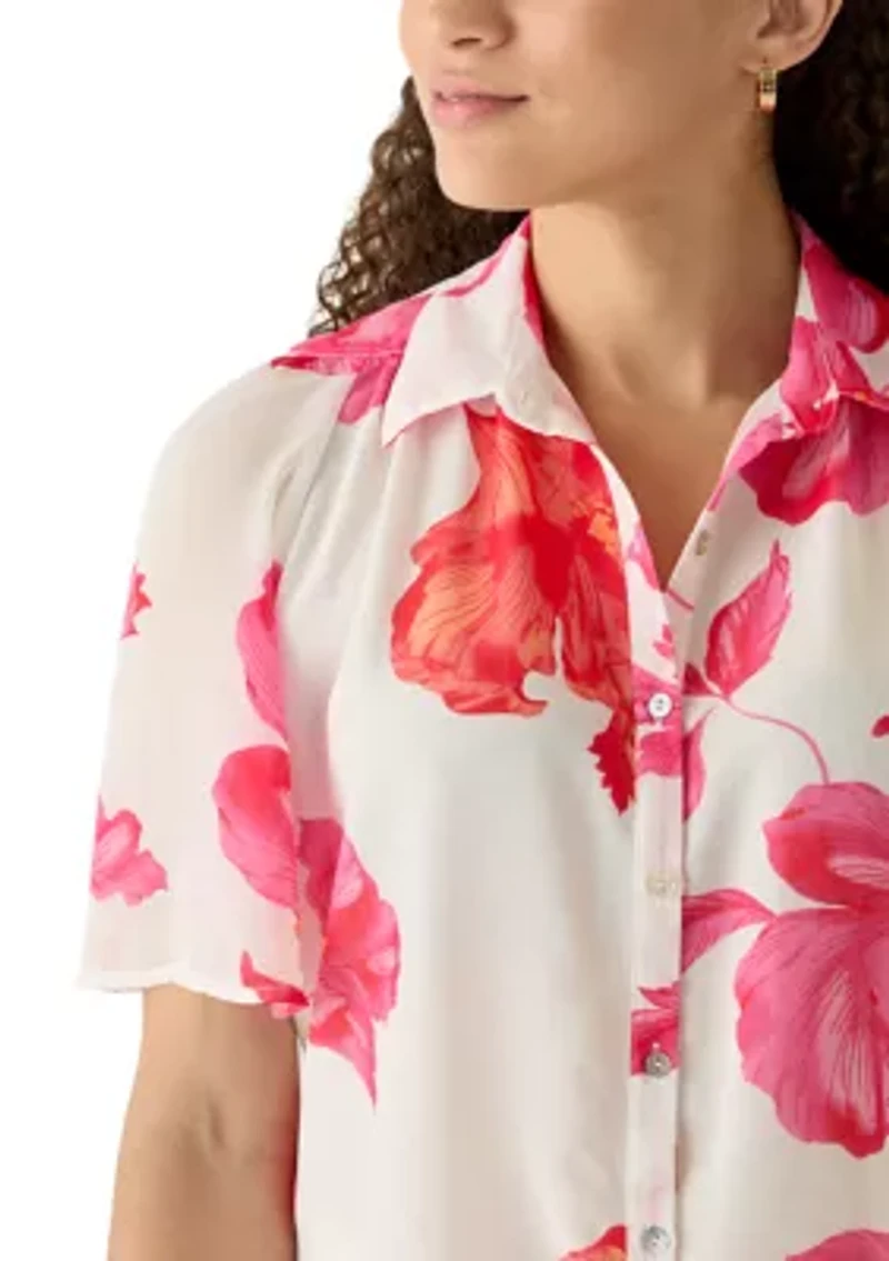 Petite Short Sleeve Button Front Printed Chiffon Top