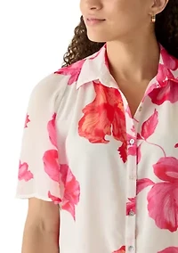 Petite Short Sleeve Button Front Printed Chiffon Top