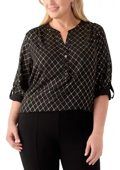 Plus Foil Tab Sleeve Crepe Henley Shirt