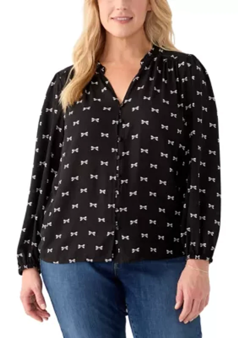 Plus Long Sleeve Printed Crepe Woven Blouse