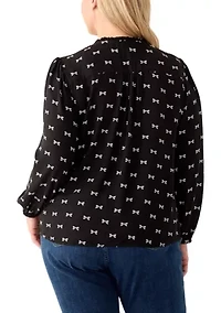 Plus Long Sleeve Printed Crepe Woven Blouse