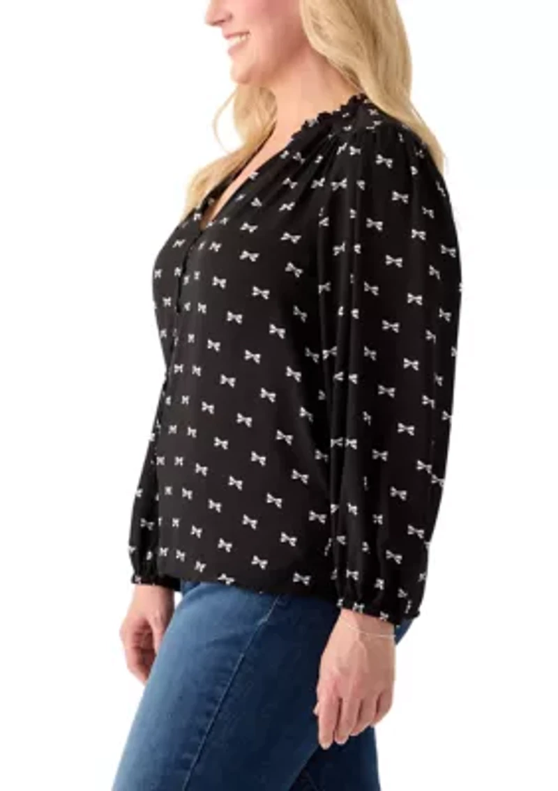 Plus Long Sleeve Printed Crepe Woven Blouse