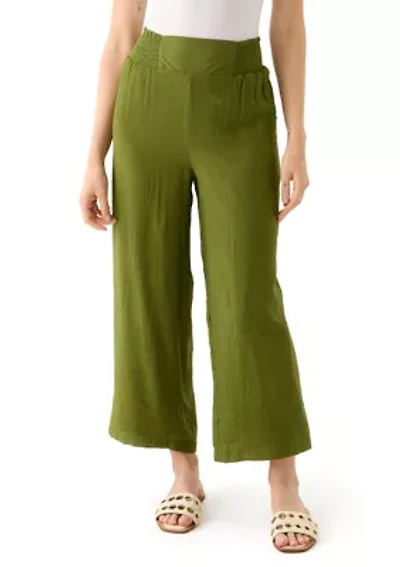 Petite Linen Like Pull On Wide Leg Cropped Pants