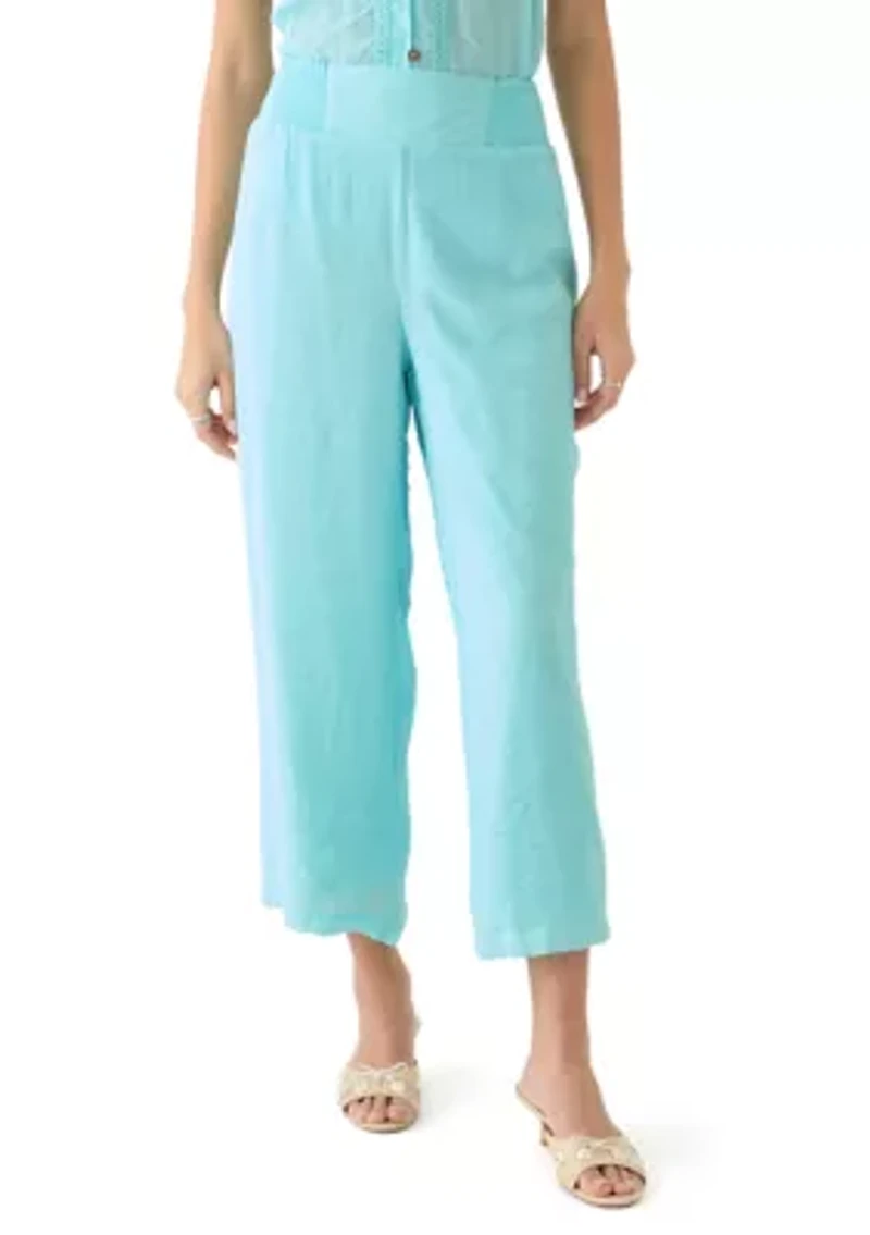 Petite Linen Like Pull On Wide Leg Cropped Pants