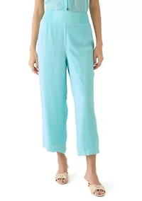 Petite Linen Like Pull On Wide Leg Cropped Pants