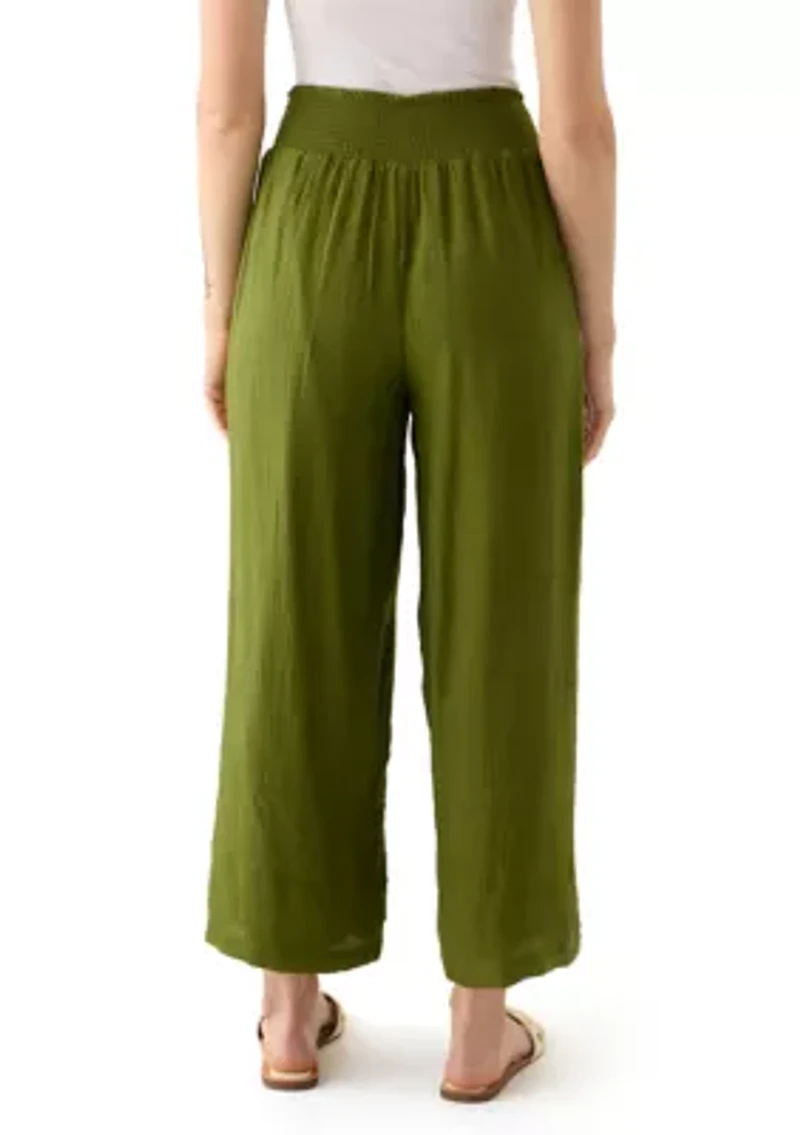 Petite Linen Like Pull On Wide Leg Cropped Pants