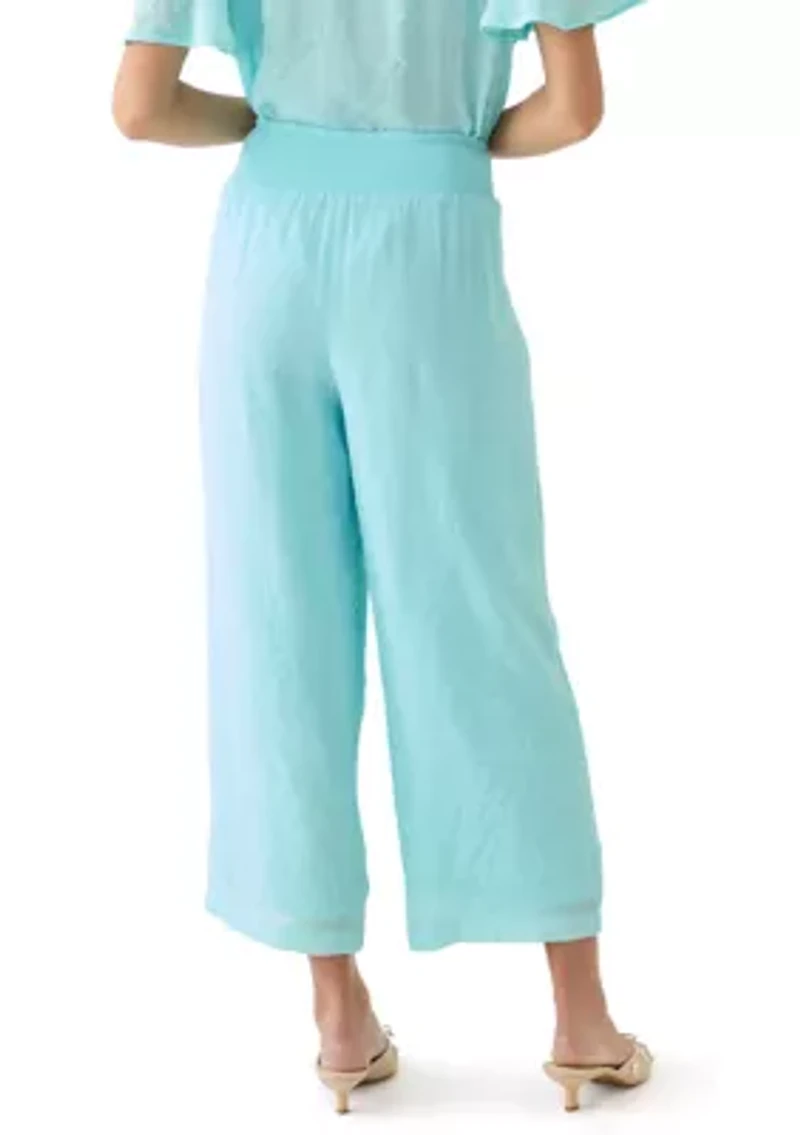Petite Linen Like Pull On Wide Leg Cropped Pants