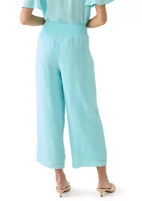 Petite Linen Like Pull On Wide Leg Cropped Pants