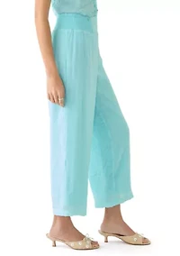 Petite Linen Like Pull On Wide Leg Cropped Pants