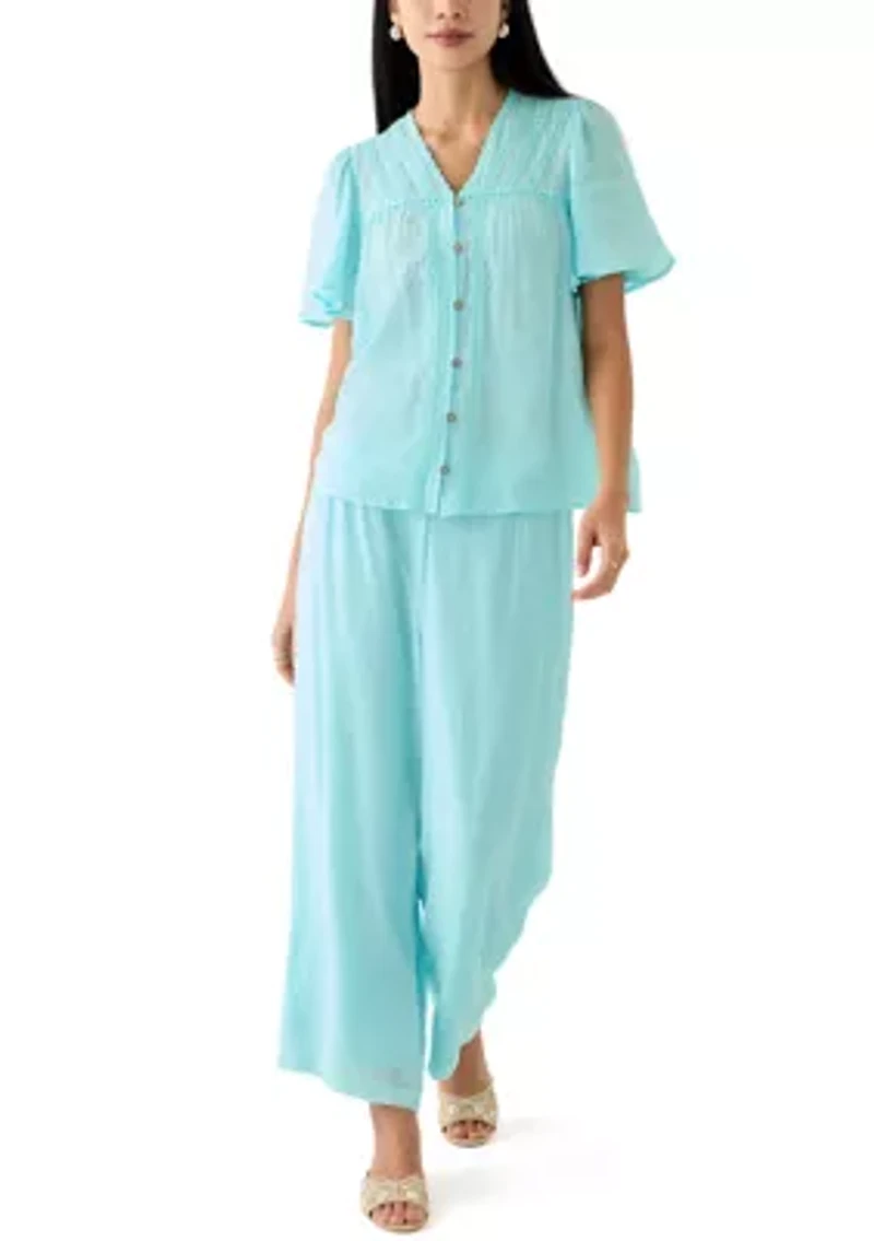 Petite Linen Like Pull On Wide Leg Cropped Pants